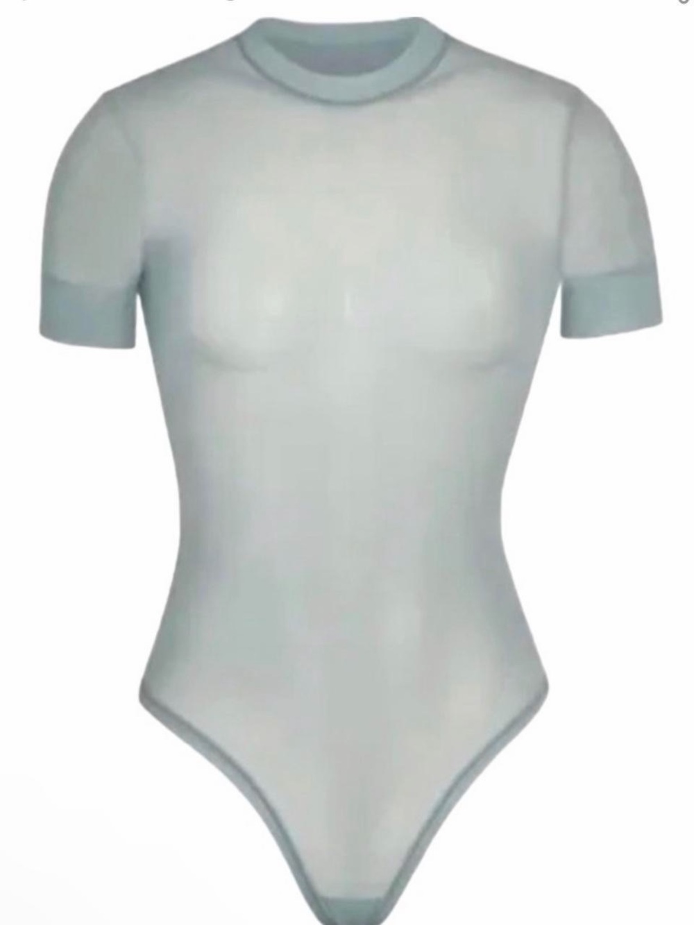 Skims Short-Sleeve Sheer Bodysuit in Light Gray